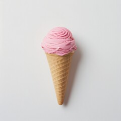 Pink soft serve ice cream in a cone on white background..