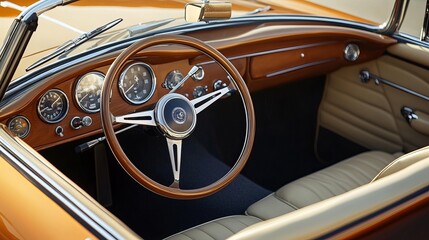 Elegant Luxury Retro Cabriolet Featuring a Classic Wooden and Steel Steering Wheel, with Opulent Beige Leather Interior, Parked in a Stylish Garage