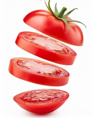 Cortes de tomate flotando, con un fondo blanco.