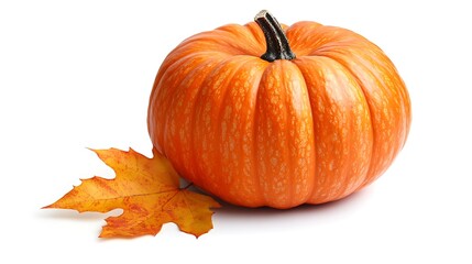A detailed close-up of a pumpkin with an autumn leaf lying beside it, isolated on a white background. 