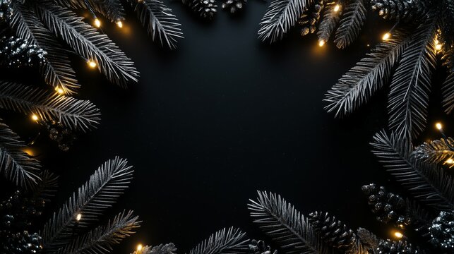 Festive fir branches with Christmas balls and twinkling lights create a cozy holiday atmosphere . Place for taxt