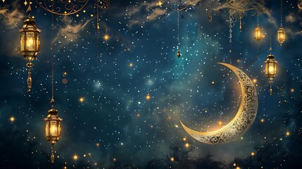Fototapeta premium Golden Crescent Moon and Lanterns in a Starry Night