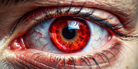The Crimson Gaze A Macro Perspective of an Eye with a Fiery Iris, Eyelashes, and Blood Vessels, Photography, Macro, Human Eye, Red