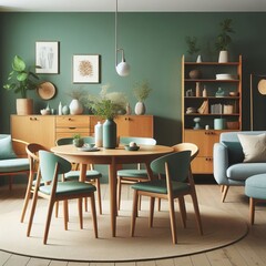 Mint color chairs at round wooden dining table in room with sofa and cabinet near green wall. Scandinavian, mid-century home interior design of modern living room.