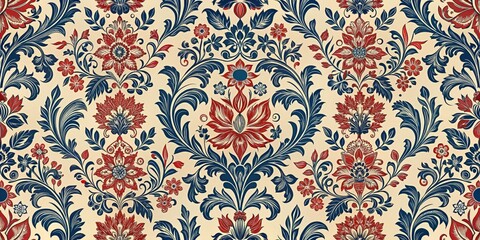 Vintage Floral Damask Pattern, Red Blue Flowers, Beige Background, Damask, Floral, Vintage