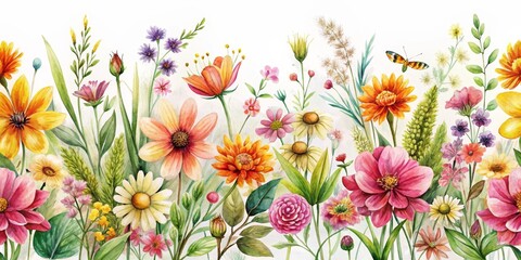 Watercolor Floral Border with Daisies, Wildflowers, and Butterfly, Watercolor, Floral Border, Nature Art