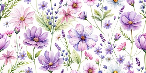 Watercolor Floral Seamless Pattern with Pink and Purple Flowers, Watercolor, Floral, Seamless Pattern, Spring, Nature, Flowers