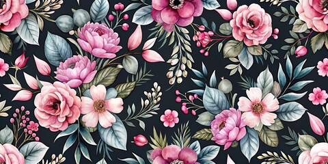 Watercolor Floral Seamless Pattern with Pink Flowers and Green Leaves on a Dark Background, floral pattern, floral wallpaper, floral design