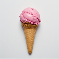 Pink soft serve ice cream in a cone on white background..