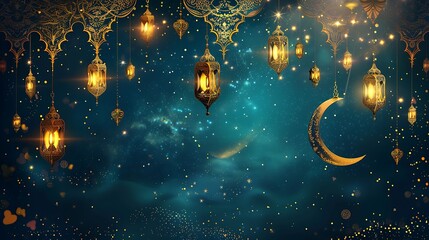Fototapeta premium Golden Lanterns and Crescent Moon: A Festive Islamic Background