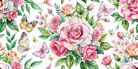 Watercolor Roses and Butterflies Seamless Pattern, Watercolor, Floral, Butterfly, Nature