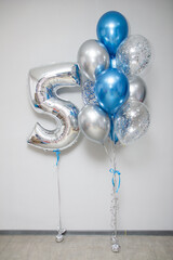 blue and silver chrome balloons, silver number 5 balloon