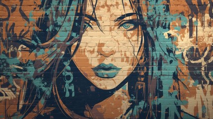 Graffiti woman portrait drawing on brick wall composition background