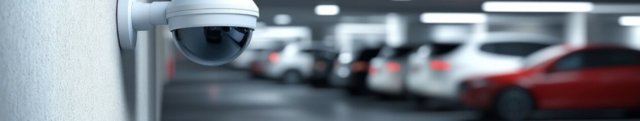 Fototapeta premium Security camera monitoring parked cars in a dimly lit garage at night