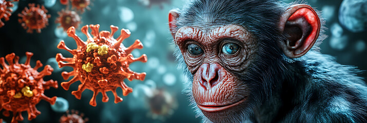 Fototapeta premium A monkey with a pink nose and a pink gum in the background, Mpox , monkeypox, monkeypox monkeypox virus, MPXV virus outbreak infectious disease The concept of smallpox virus.