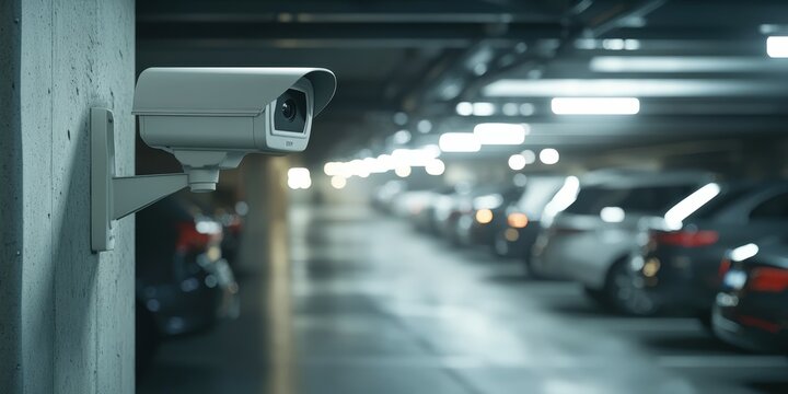 Surveillance camera monitors vehicles in a dimly lit parking garage