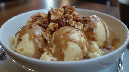 Caramel Nut Delight. of three scoops of vanilla ice cream topped with chopped nuts and caramel sauce, served in a white bowl.