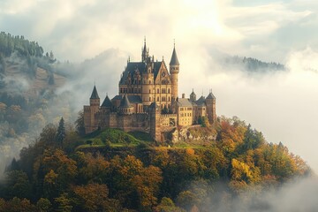 A Majestic Castle Perched Atop a Hill, Enveloped in Mystical Mist, with Lush Autumnal Foliage Framing the Scene.