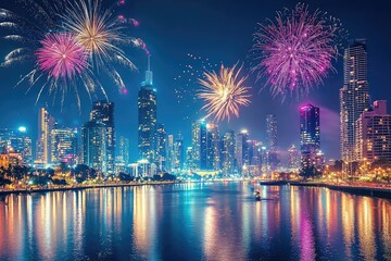 A symphony of light and color! Fireworks explode over a bustling cityscape, reflecting in the tranquil waters below. A magical night unfolds.