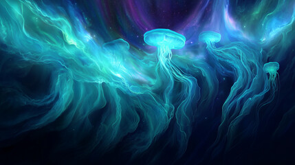  Ethereal glowing jellyfish swimming in vibrant blue and green waters