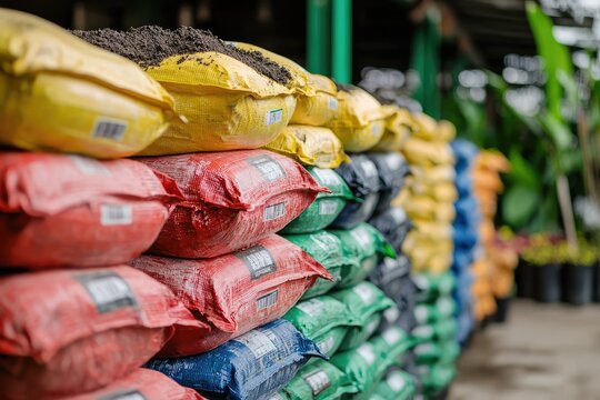 A vibrant display of colorful fertilizer bags stacked neatly, ready for a blooming garden.