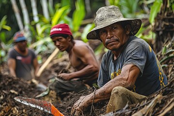 The Weight of Deforestation: A Man's Labor Amidst Fallen Trees in the Amazon Rainforest.