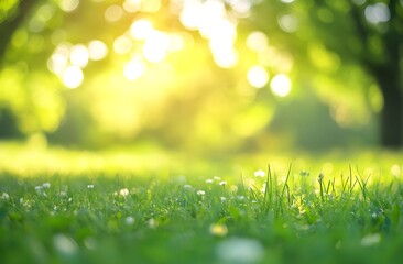 Obraz premium Sunlit meadow in spring. A serene sunlit meadow captured in springtime, showcasing lush green grass and soft bokeh. The warm sunlight creates a peaceful and nature-inspired atmosphere.