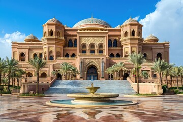 Naklejka premium A Majestic Glimpse of the Emirates Palace Hotel: Golden Domes, Palm Trees, and a Tranquil Fountain