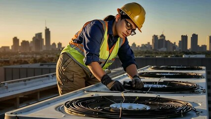 Female Technician Working on HVAC System on City Rooftop
