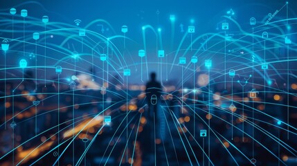 A silhouette against a backdrop of digital connection icons portraying modern technology integration.