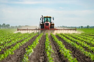Fototapeta premium A Red Tractor Sprays Fertilizer Across Lush Green Rows, Creating a Cloud of Dust in Its Wake.