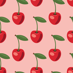 Vector Seamless Pattern with Adorable Cherry on Pink Background. Cute Cherries for Valentine s Day, Love, Romance Concept