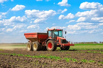Fototapeta premium Red Tractor Spreads Fertilizer Across Lush Green Field Under a Bright Blue Sky