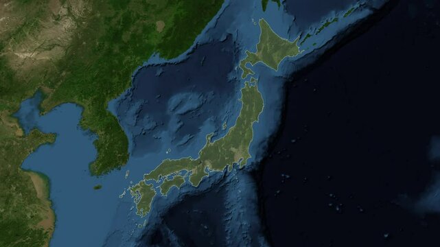 Zoom from Earth to Japan. (Highlighted) World map animation with highlighted borders of countries. Images from NASA