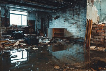 A Flooded Basement: A Haunting Reminder of Nature's Fury, Where Debris and Water Mingle in a Symphony of Loss.