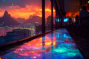 Obraz premium a long table with a reflection of a city in the background. 