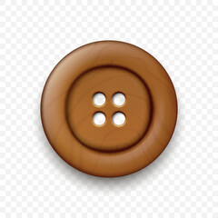 Obraz premium Vector Brown Color Wooden Two Holes Clothes Button Closeup, Isolated on White Background with Reflection. Round Button, Front View