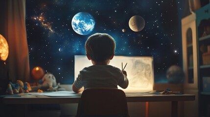 Fototapeta premium A lovely little boy draws with a pencil from a glass in a cinematic back shot. Imagining the future in a room with a space theme.