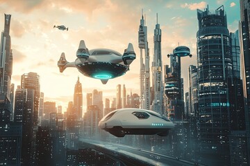 A Glimpse into Tomorrow: Futuristic Cityscape with Flying Cars at Sunset