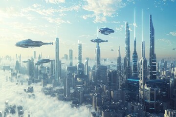 A Glimpse into the Future: A City of Skyscrapers Piercing the Clouds, With Flying Vehicles Zipping Through the Air.