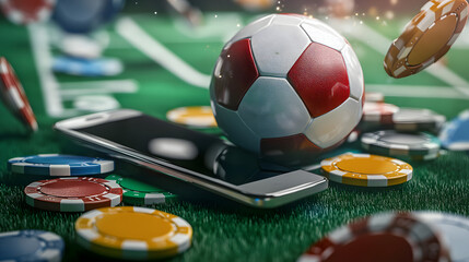 Obraz premium football ball a mobile phone and coins casino chips.