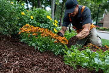 Nurturing Blooms: A Gardener Gently Mulches Flowerbeds to Retain Moisture