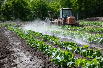 Fototapeta premium A tractor sprays a fine mist over rows of leafy green vegetables in a community garden, nurturing growth and promising a bountiful harvest.