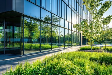Obraz premium Modern Architecture Blends with Nature: A Glass Facade Reflects Lush Greenery, Creating a Serene Urban Oasis.