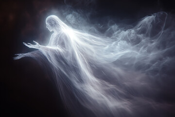 An abstract portrayal of a ghostly and transparent spirit with an ethereal presence, radiating a mystical glow
