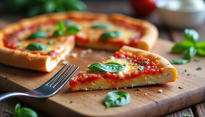 On a wooden cutting board, a slice of pizza with a golden brown crust is topped with melted cheese, tomato sauce, and basil leaves.