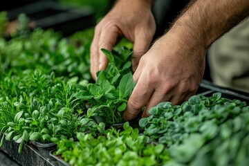 Tender Care: A Farmer's Hands Gently Nurture Indoor Greenery, Creating Life From the Earth.