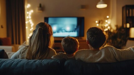 A contented young European family with two children sits down on the couch to watch TV at home. amusement and coziness.
