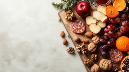 Colorful assortment of fruits, nuts, and cold cuts on a wooden board for a festive gathering
