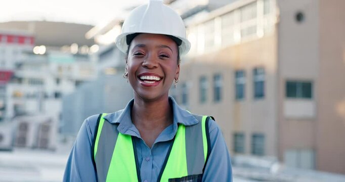 Happy, black woman and civil engineer with helmet in city for construction, building or architecture on rooftop. Portrait, young African or female person wirh smile or hard hat for safety in Jamaica